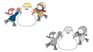 雪だるまとスケートのカットイラスト（カラー・モノクロ）